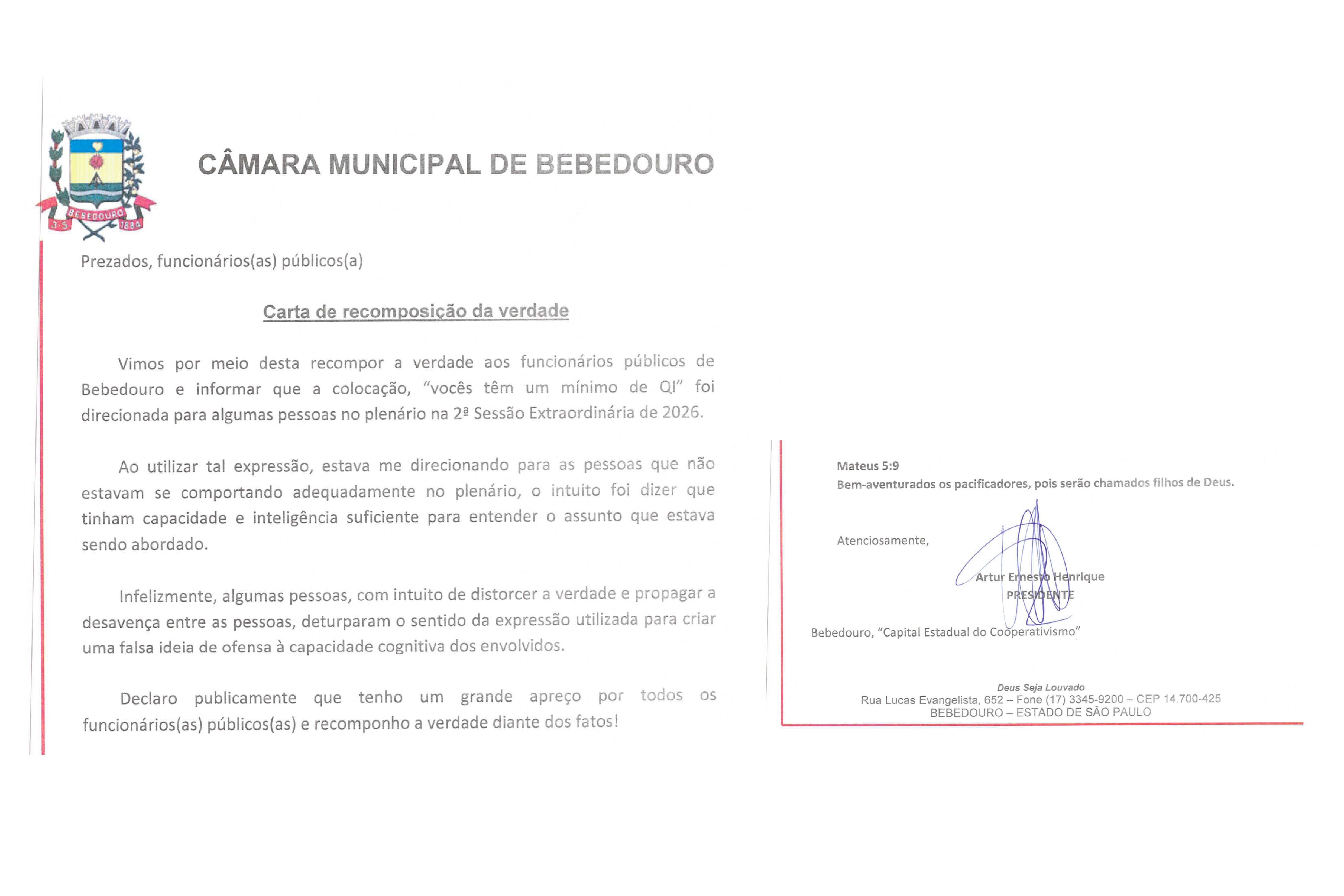 Presidência da Câmara de Bebedouro publica carta de esclarecimento ao funcionalismo